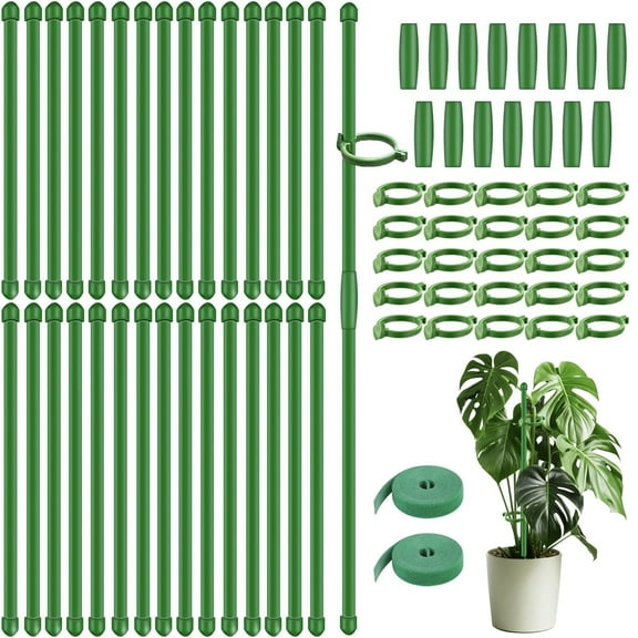 Square 30-Pack 17-Inch Adjustable Plant Support Stakes, Garden Plant Stakes with Ring Buckles, Connectors & Tape for Tomatoes, Orchids, Roses, and Outdoor Flowers