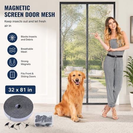 Magnetic Screen Door Mesh - Keeps Bugs Out, Lets Fresh Air In, Fits Front & Sliding Doors, Gray 32 x 81 Inch