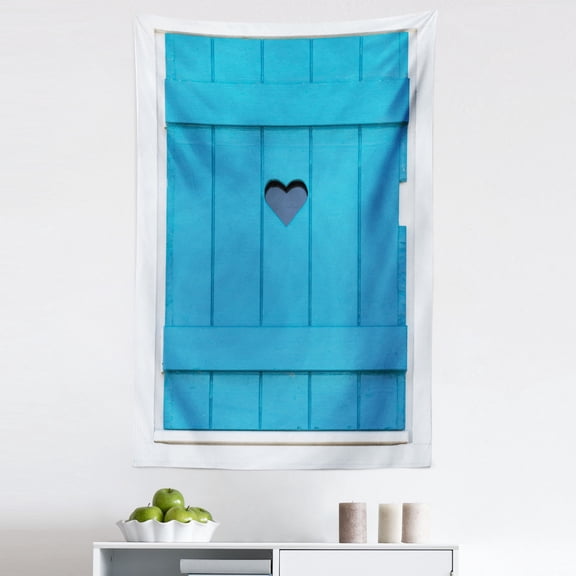 Vintage Tapestry, Italian Style Window Shutters with Carved Heart Image Vintage Bohemian Print, Fabric Wall Hanging Decor for Bedroom Living Room Dorm, 5 Sizes, White Turquoise, by Ambesonne