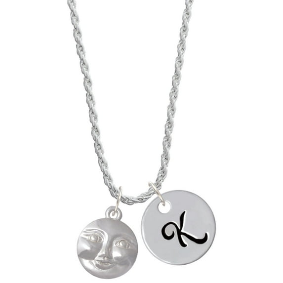 Delight Jewelry Silvertone Happy Moon Silvertone Script Initial Disc - K - Charm Necklace, 20"+3"