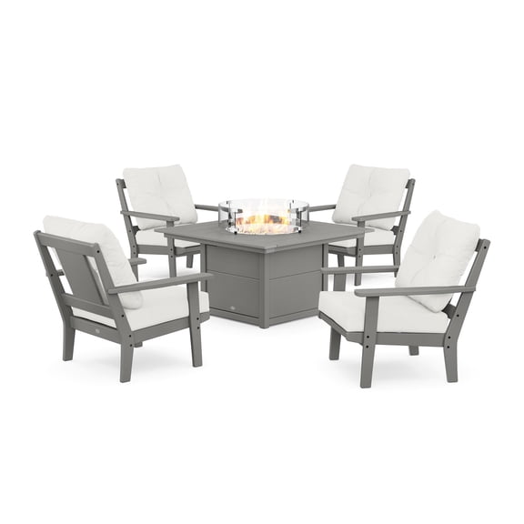 POLYWOOD Prairie 5-Piece Deep Seating Set with Fire Pit Table in Slate Grey / Natural Linen