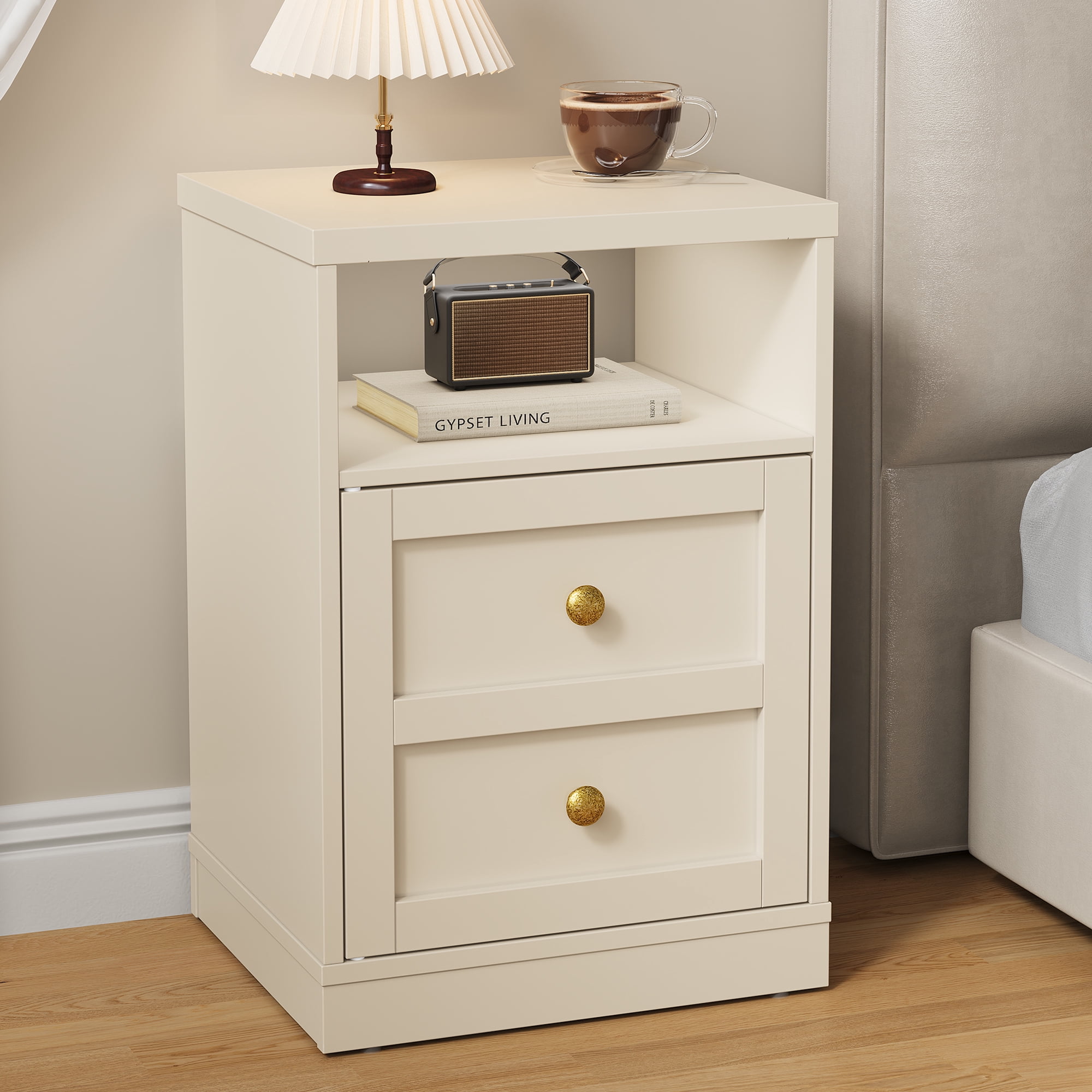 Cozy Home beige Nightstand with Storage Shelf & Door, Faux Drawer Design End Table, Compact Side Table for Bedrooms, Dorm Rooms & Small Spaces, Set of 2