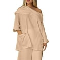 thumbnail image 2 of Beige Tshirts for Women's Casual Solid Color Long Sleeve Cotton and Linen Top Draped Neck 3/4 Sleeve Comfortable Casual Linen Pocket Shirts Going Out Tops for Women, 2 of 4