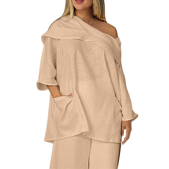Womens Spring Summer Shirts Casual Solid Color Long Sleeve Cotton And Linen Top Draped Neck 3/4 Sleeve Comfortable Casual Linen Pocket Shirts Shirts for Women