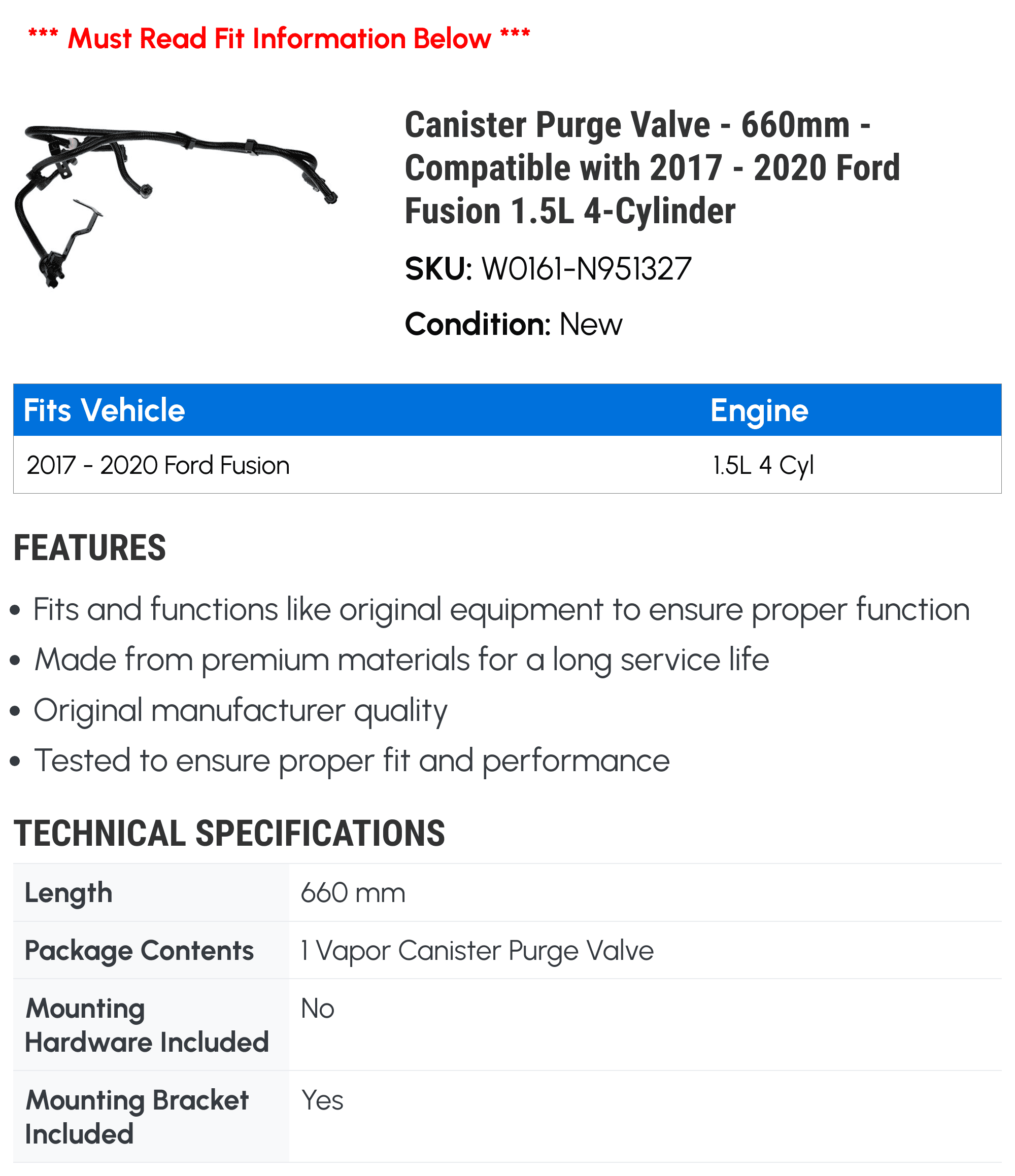 Canister Purge Valve - 660mm - Compatible with 2017 - 2020 Ford Fusion 1.5L 4-Cylinder 2018 2019