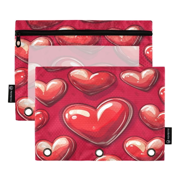 2 Pack 3 Ring Binder Pouch with Clear PVC Window Water Resistant Zipper Pencil Pouch Red 3d Hearts Binder Pocket for Classroom Office Home Stationery Organization
