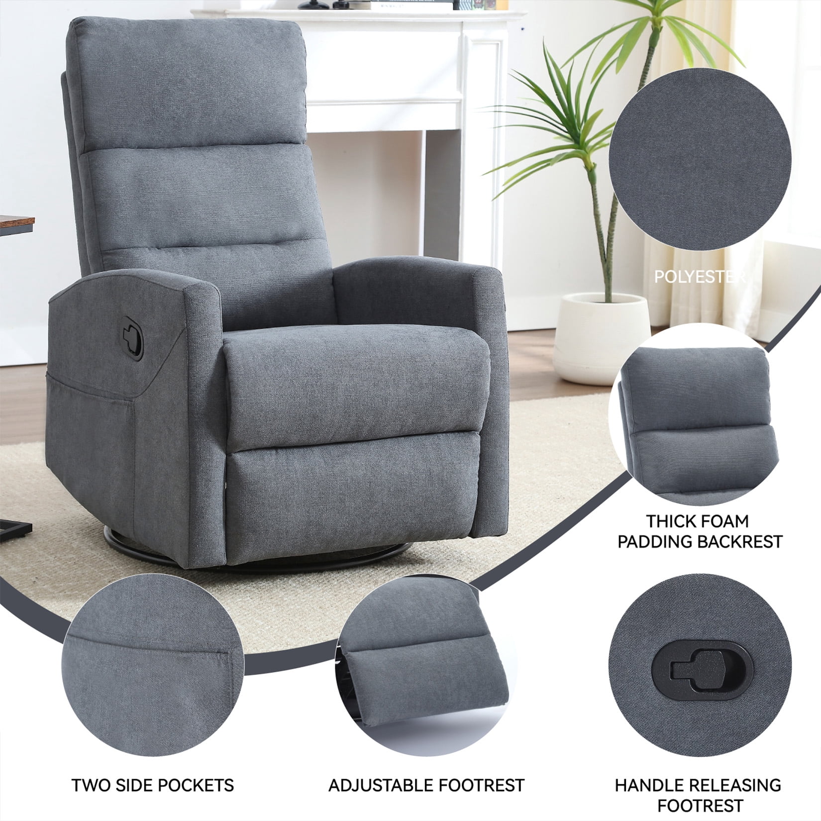 Rocking Recliner Chair, 360° Swivel Rocker Recliner for Adults, Glider Rocking Chair Nursery, Comfortable Lazy Chair Glider Rocker Recliners for Lazy People, Pregnant Women (Grey)