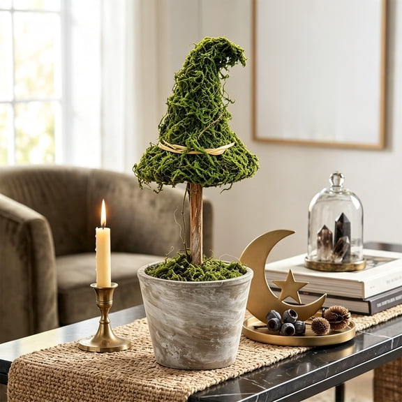Halloween Natural Witch Hat Topiary Tree in Pot, Dried Botanical Tabletop Decor, Gothic Potted Ornament for Mantel, Shelf, and Indoor Holiday Display