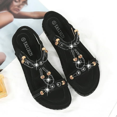 

Womens Flats Sandals Women Ladies String Bead Casual Elastic Band Bohemian Beach Shoes Sandals On Sandal Roman Sandals Shoes(Color:Black Size:7.5)