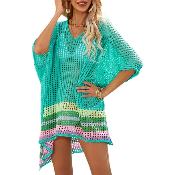 Mujeres Bikini Cover-Ups Hollow-Out Ver-a través de rayas de colores dobladillo V-cuello de manga corta Traje de baño de playa de protección solar Blusa Nituyy Tapado de playa a rayas de colores con dobladillo