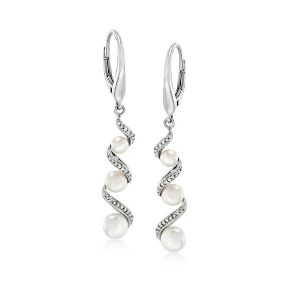 Ross-Simons 3.5-5mm Cultured Pearl and .10 ct. t.w. Diamond Drop Earrings in Sterling Silver, Women's, Adult
