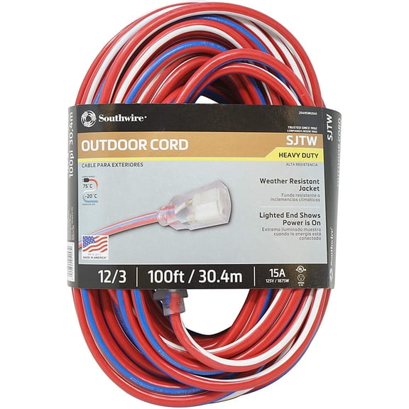 Southwire Contractor Grade 12/3 Extension Cord - Lighted End, Water-Resistant - 100 Ft Red