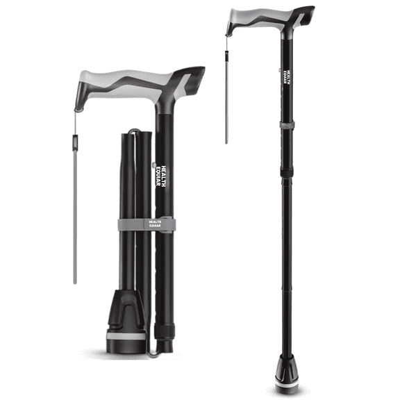 Healthbazaar Folding Walking Cane for Seniors, Collapsible Ergonomic Handle,Black