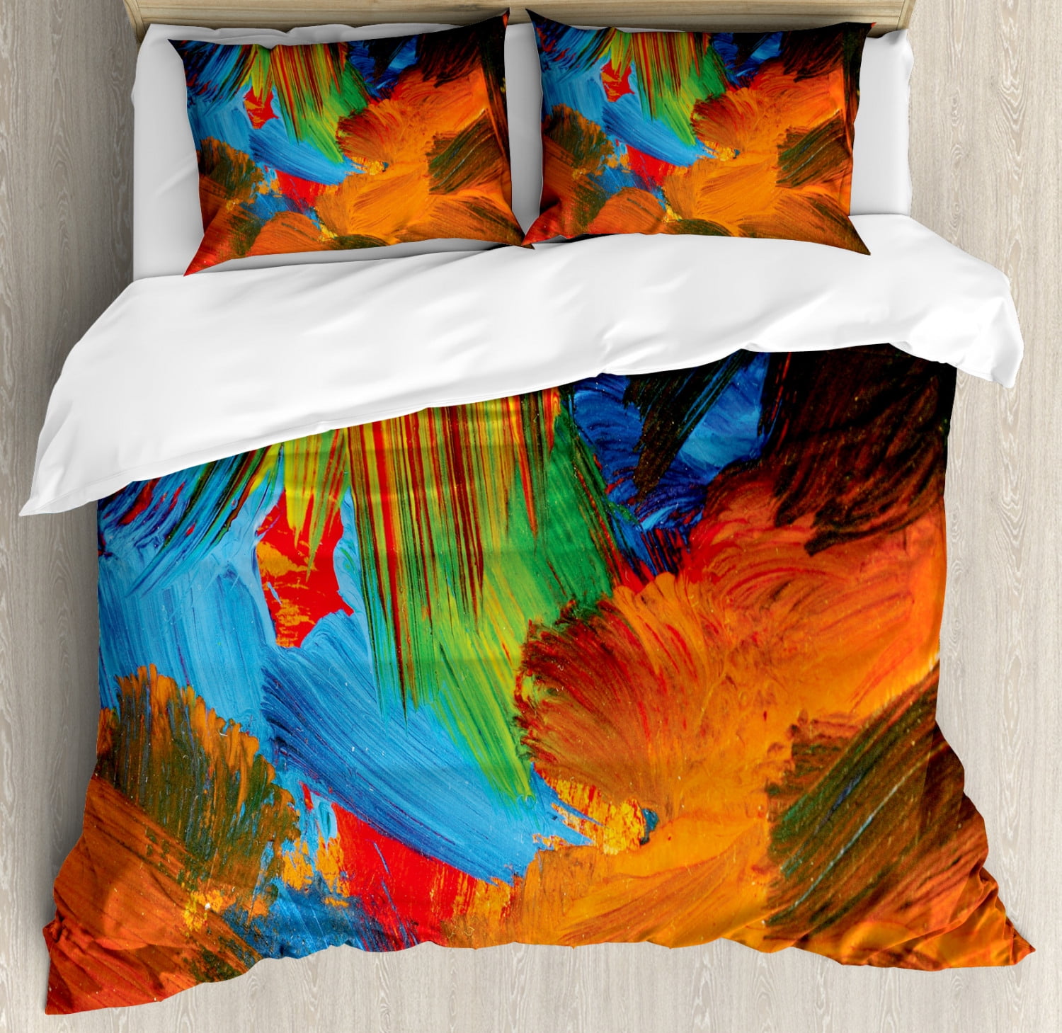 Colorful Duvet Cover Set King Size, Watercolor Style Brush Strokes