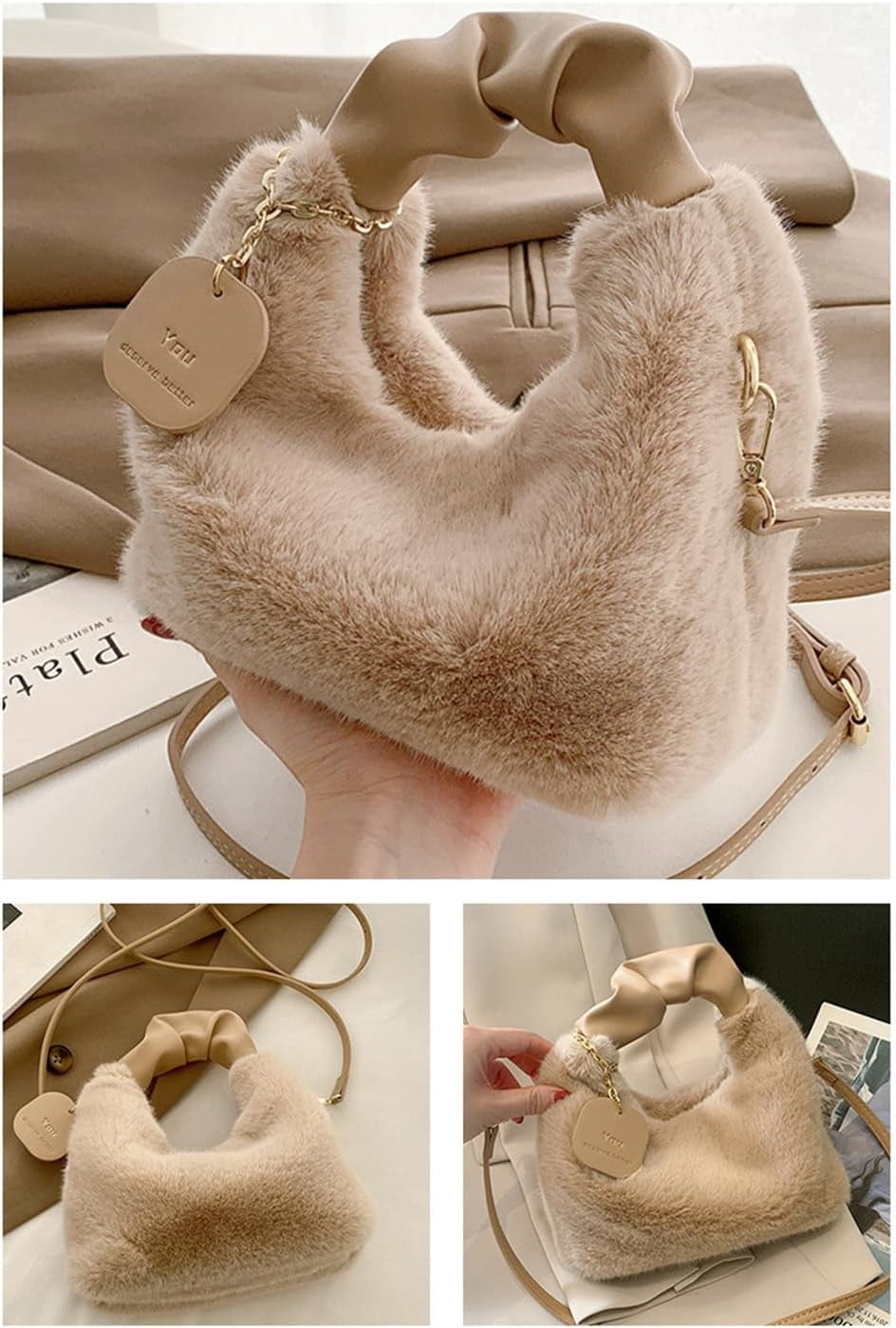 Women Fluffy Tote Bag Plush Shoulder Underarm Bag Faux Fur Crossbody Handbag with Strap Y2K Furry Purse Winter