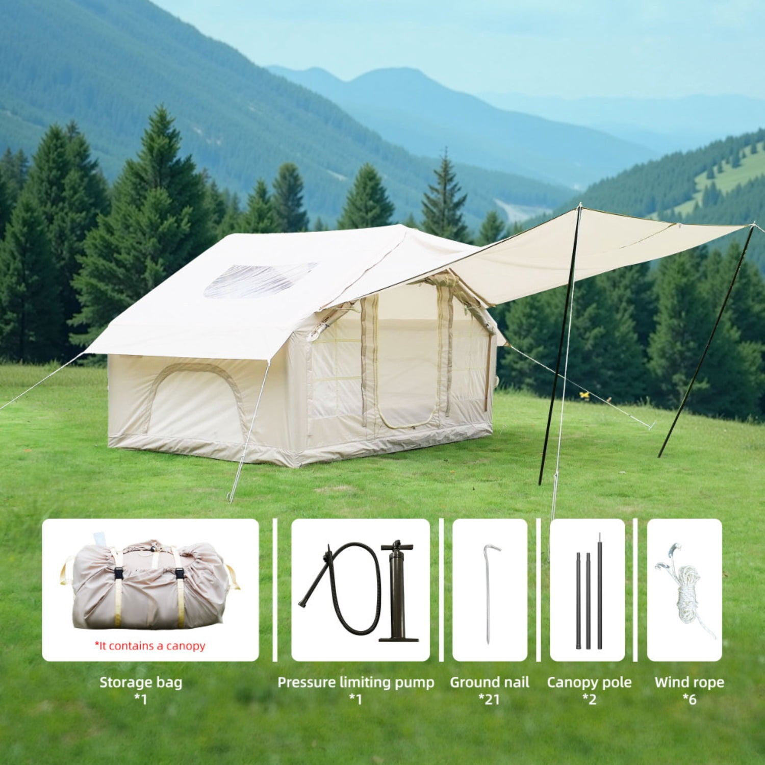 Inflatable Camping Tents with Hand Pump, Air Glamping Tents, Easy Setup Waterproof and Windproof Blow up Tent, 4 Seasons Oxford Cabin Tent with Mesh & Chimney Window.
