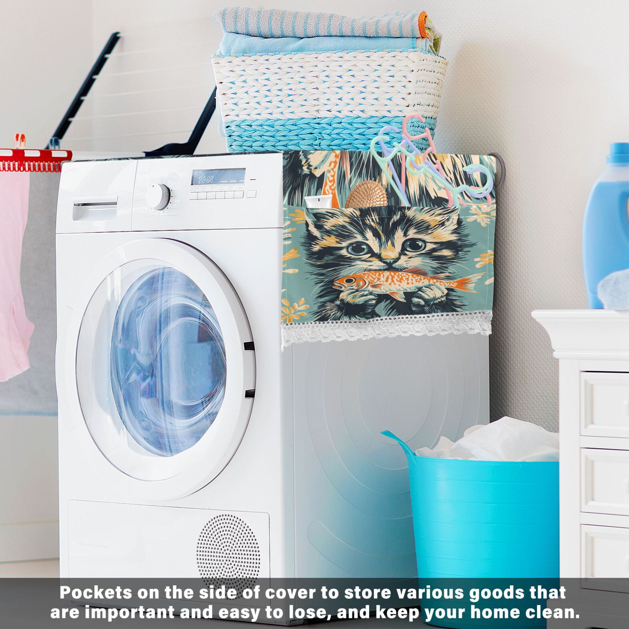 Cute Three-flowered CatWasher and Dryer Covers Dust-Proof and Oil Resistant Fridge Cover with 4 Storage Pockets Washing Machine Top Cover for Laundry Kitchen Home 51.2 x 22 In