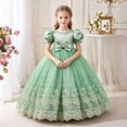 thumbnail image 2 of Girls Puff Sleeve Bow Ball Gown Dress Embroidered Mesh Floor Length Birthday Party Pageant Princess Dress (5-6 T, Mint Green), 2 of 6