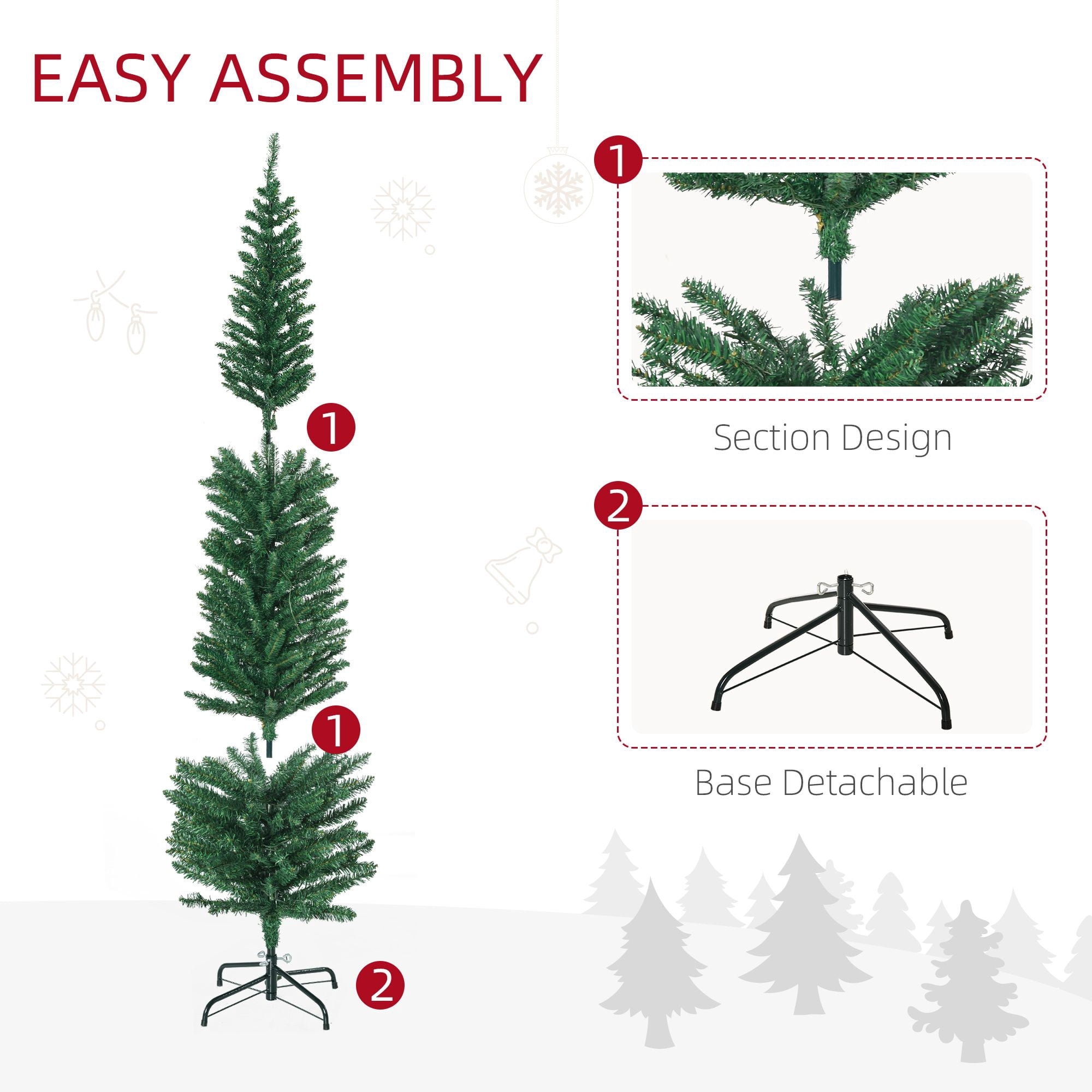6 ft Prelit Artificial Pencil Christmas Tree with 150 Colorful LED Lights, 390 Tips, Steel Base, Skinny Space-Saving Holiday Decoration for Small Rooms and Entryways