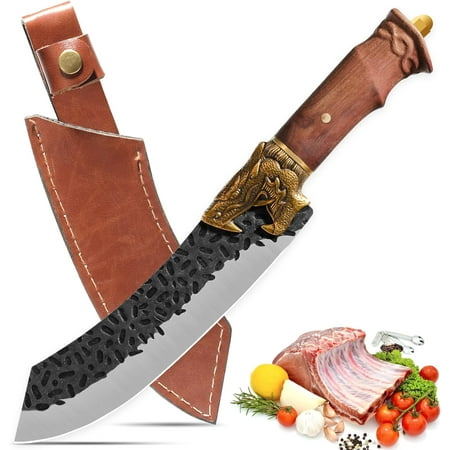 Qulajoy Butcher Knife - Hand Forged Camping Knife 7Cr17MOV Blade - Dragon Head Handle and Leather Sheath - Meat Cleaver for Hunting & Camping