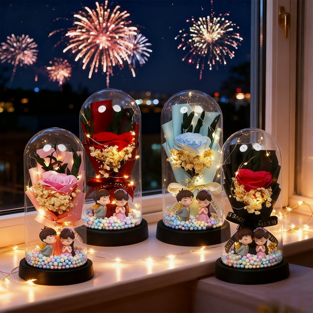 Ramo de flores de jabón Everlasting Rose en domo de cristal con luces LED Regalo de San Valentín para esposa o novia