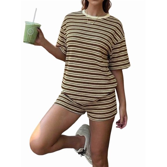 Women's Striped 2 Piece Outfits Casual Short Sleeve Shirt Tops Knit Shorts Sets Workout Tracksuits Khaki S