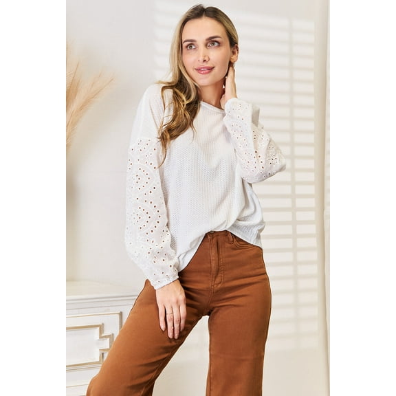 Shiny Eyelet Dropped Shoulder Round Neck Blouse