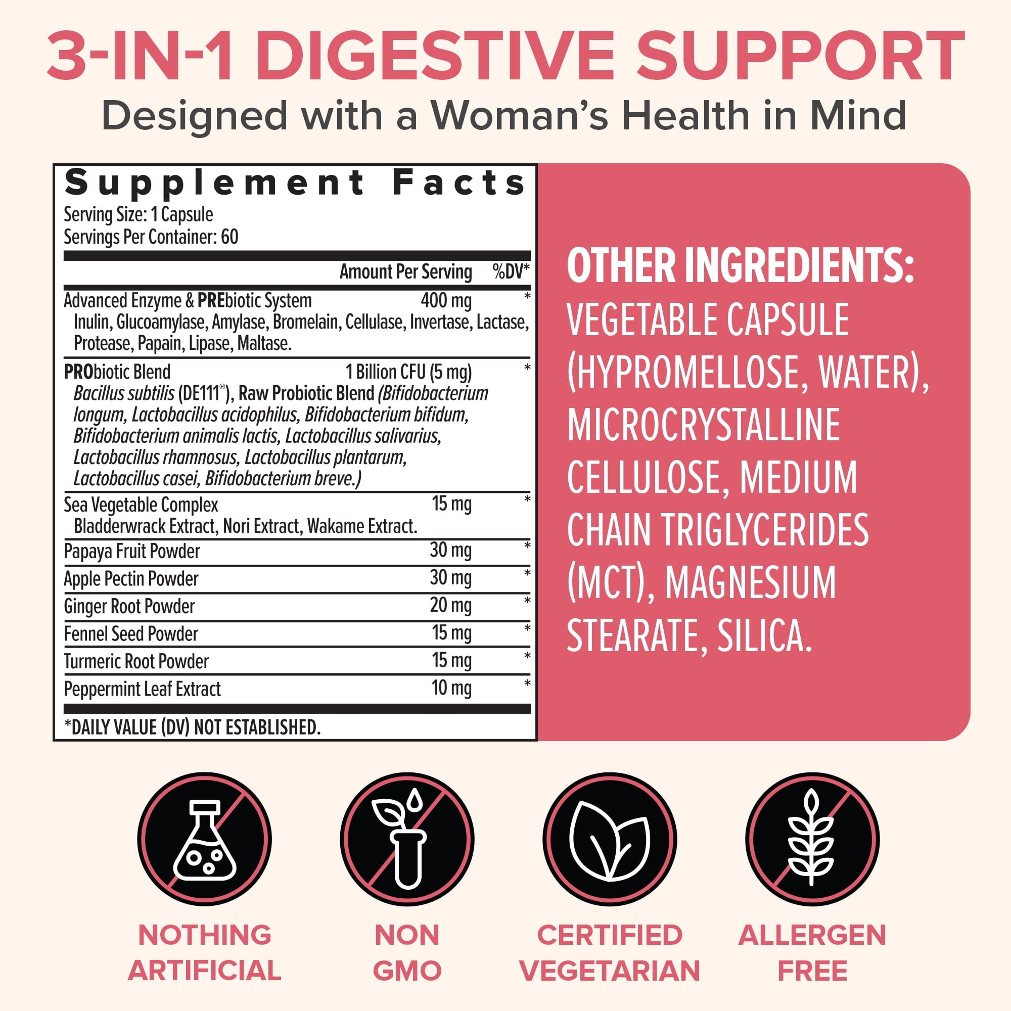 Zenwise Probiotics for Women, Probiotics + Digestive Enzymes for Vaginal Health, Daily Bloating Relief, and Gut Flora Health-60 CT