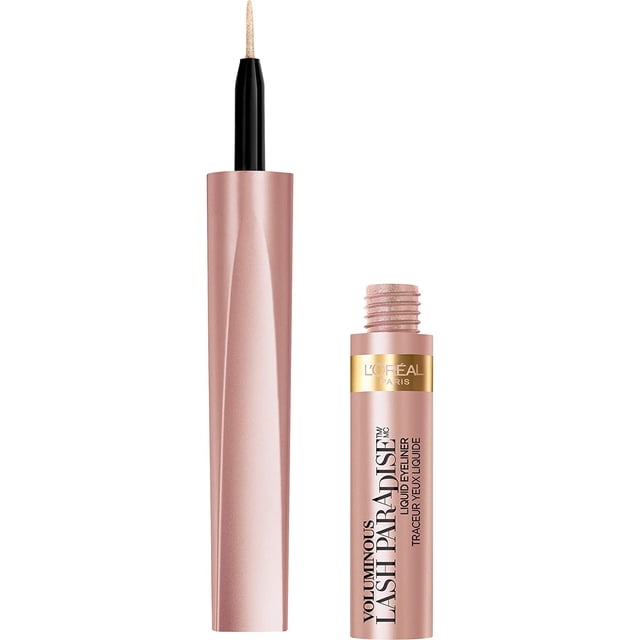 delineador metalico oro rosado loreal l'oréal voluminous lash paradise, delineador líquido rosa metálico con punta de fieltro cónica fina para trazar líneas sutiles a definidas, fórmula resistente al agua que se seca para un acabado metálico de larga duración; empaque rosa con franja dorada. También suele usarse para pequeños detalles de maquillaje corporal o acentos de cejas.