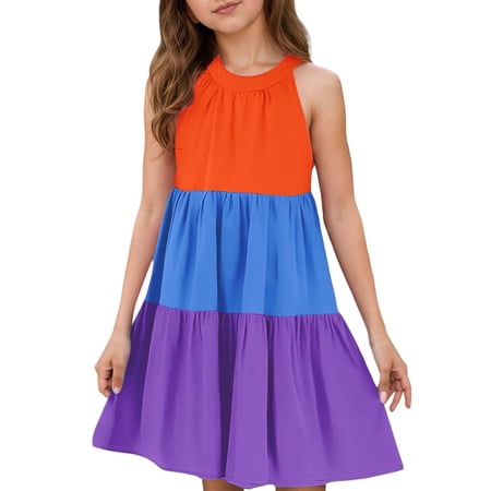 Flower Girl Dress Sleeveless Color Block Summer Casual Skater Swing A-Line Midi Length Purple Dress Size 3-4 Y