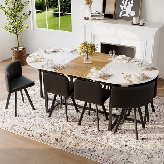 Miekor Furniture 9-Piece Oval Dining Table Set, Fixed White Faux Marble & Wood Grain Triamine Tabletop with 8 Black PU Leather Chairs, Modern Kitchen Table Set for 8 People, Ideal for Family G No9786