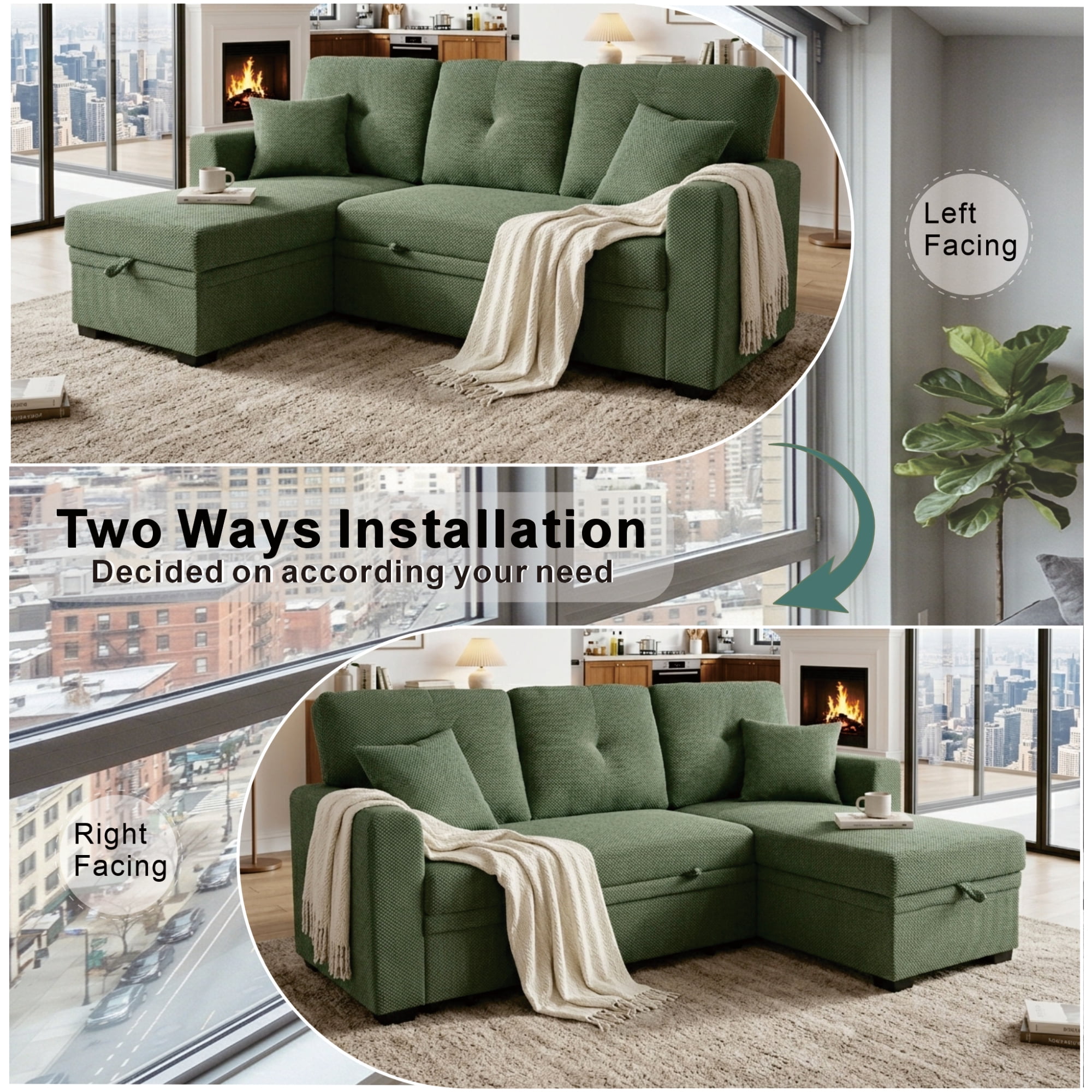 Leumius L Shaped Sectional Sofa with Pull Out Bed and Storage Chaise, 3 Seater Sectional Couch Convertible Sofa Bed for Small Space, Apartment & Guest Room, Dark Green