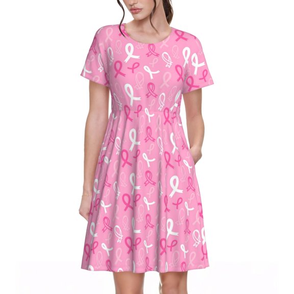 Defioc Breast Cancer Awareness (3) Pattern Womens Summer Dresses Short Sleeve Sundress 2025 Beach Vacation Dresses with Pockets -Small