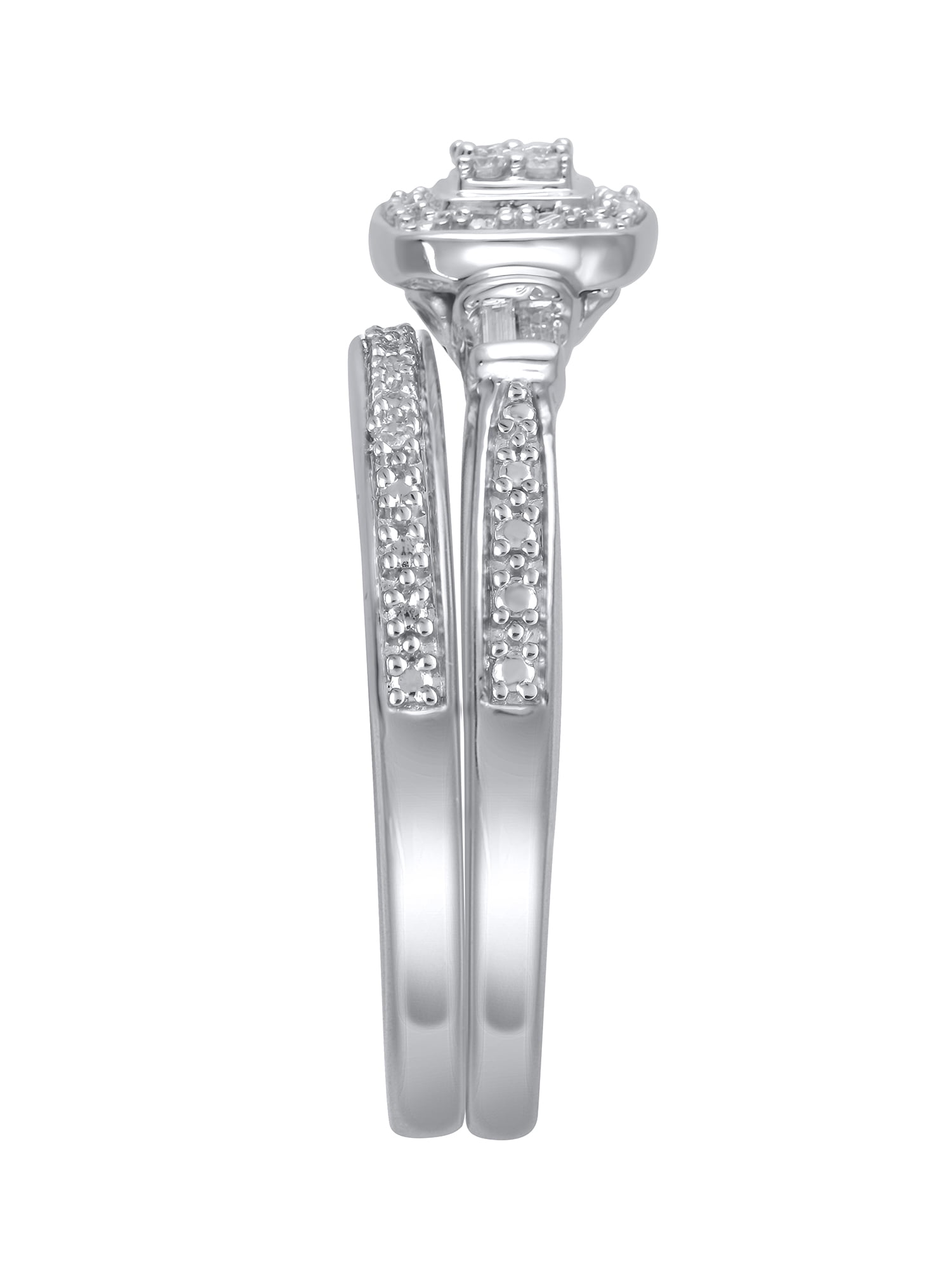 1/10 Carat T.W. (I3 clarity, I-J color) Forever Bride Cushion Shaped Halo Diamond Composite Bridal set in Sterling Silver, Size 6
