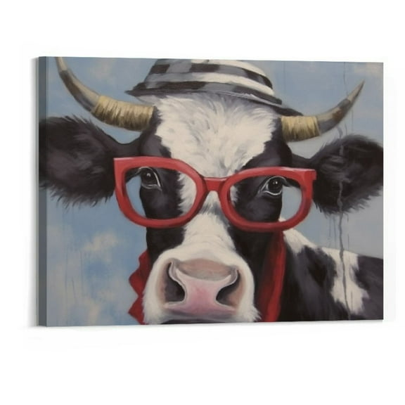 Creowell Farmhouse Cow Canvas Wall Art Funny Animal Wearing Red Glasses Pictures Prints Posters Contemporary Framed Artwork for Living Room Bedroom Bathroom Home Office Decor 20x16 Inch