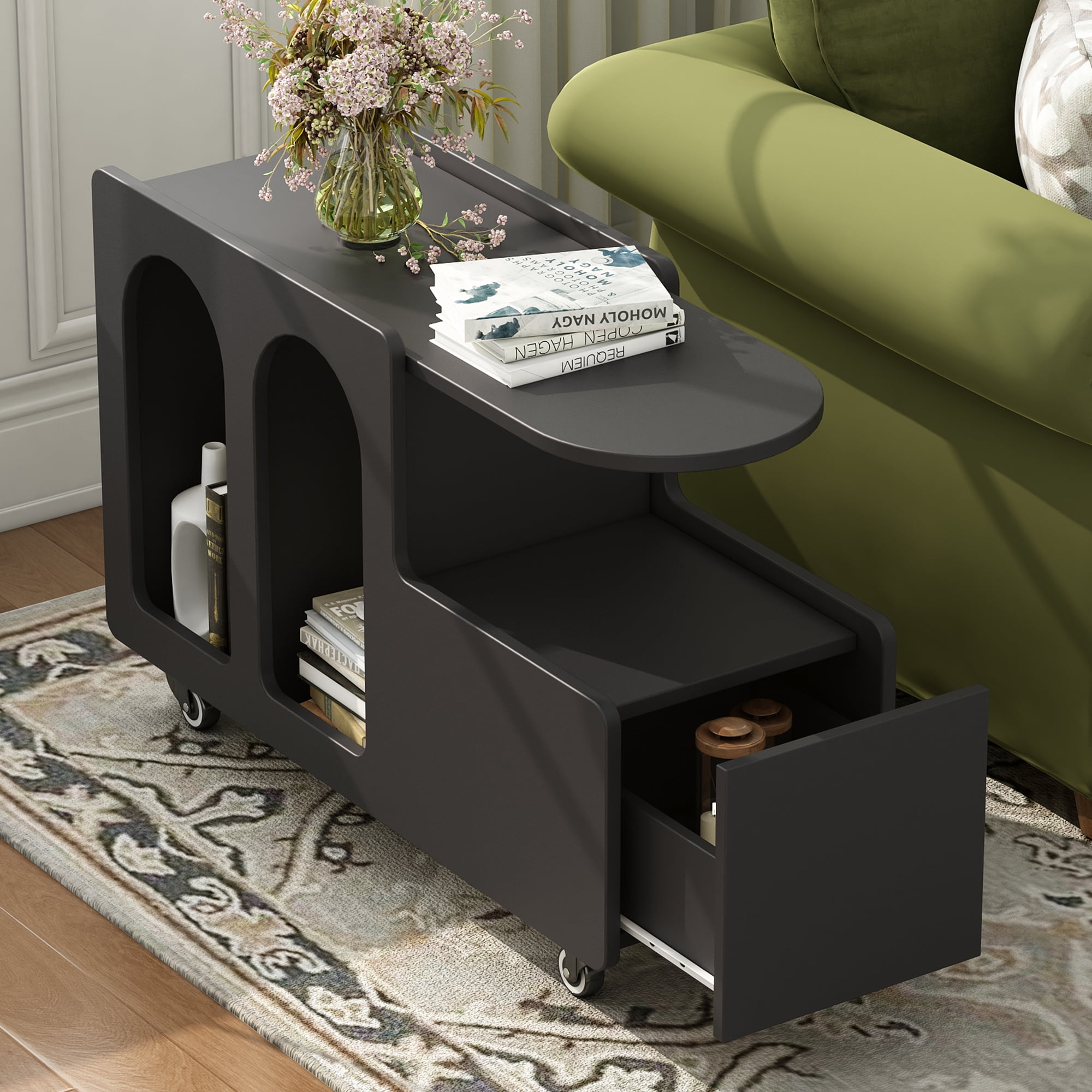 MAYEERTY Mobile End Table with Lockable wheels, Side Table, Narrow Nightstand with Multi-layer Storage, Black