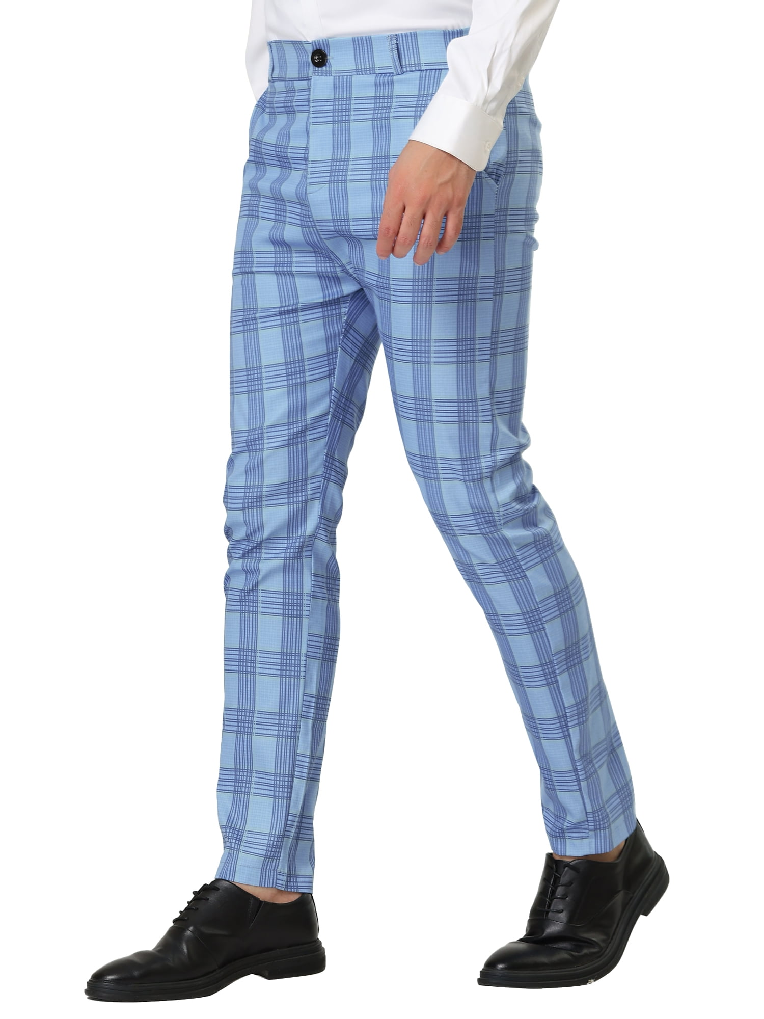 Unique Bargains Men's Formal Color Block Slim Fit Flat Front Plaid Pants 32 Light Blue