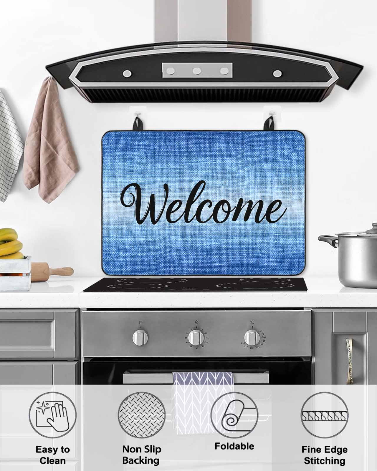 nqOlkjepod Large Induction Cooktop Protector Mat 36"x21", Blue Ombre Stove Top Covers for Electric Stove, Summer Vintage Texture Painting Decorative Stove Burner Cover Mats, Glass Top Stove Cover
