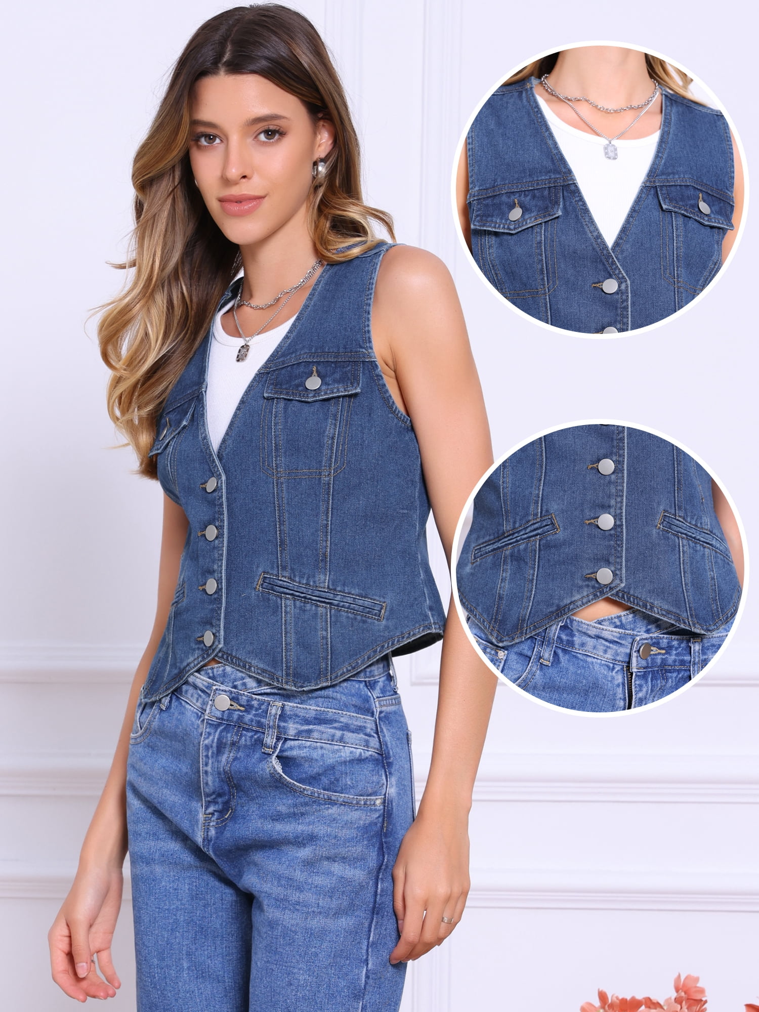 DARING DIVA Women's V Neck Western Waistcoat Sleeveless Jean Jacket M Dark Blue
