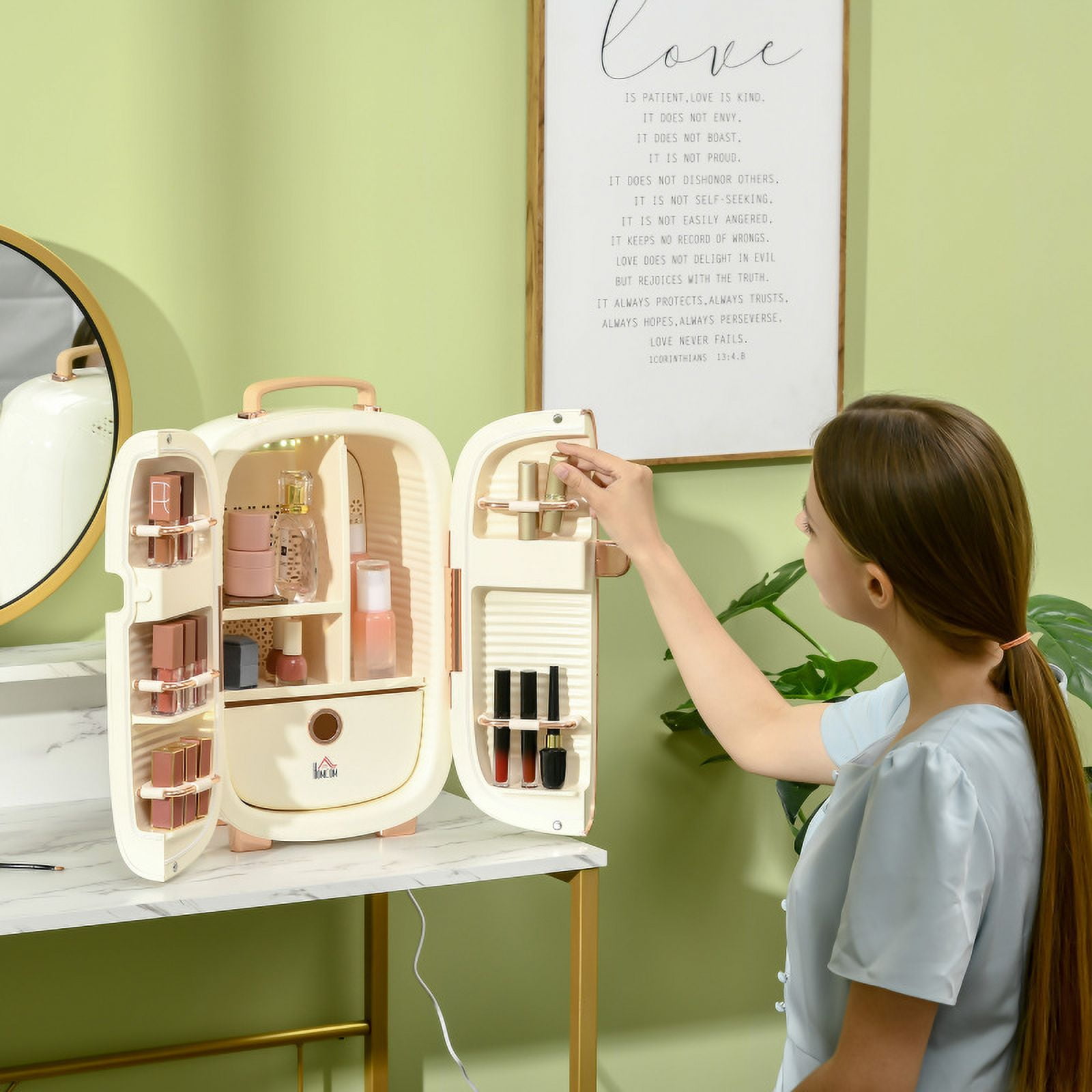 Portable Skincare Fridge with LED Display, 12L Mini Fridge for Beauty, Makeup and Cosmetics, Small Refrigerator Cooler for Bedroom, Home Office, Desktop, White On-Site