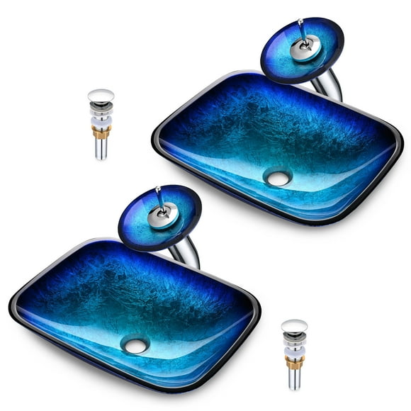 Aquaterior 2 Packs Tempered Glass Vessel Sink Transitional Basin Waterfall Faucet