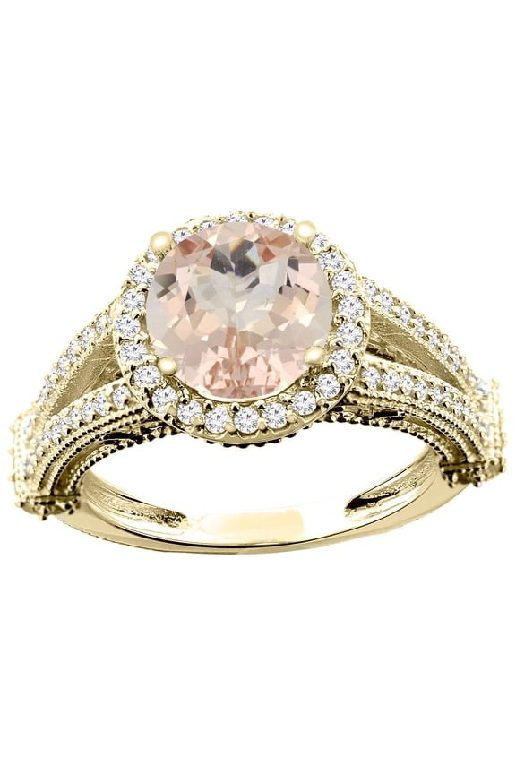 14K Yellow Gold Natural Morganite Ring Round 8mm Diamond Accent, size 5