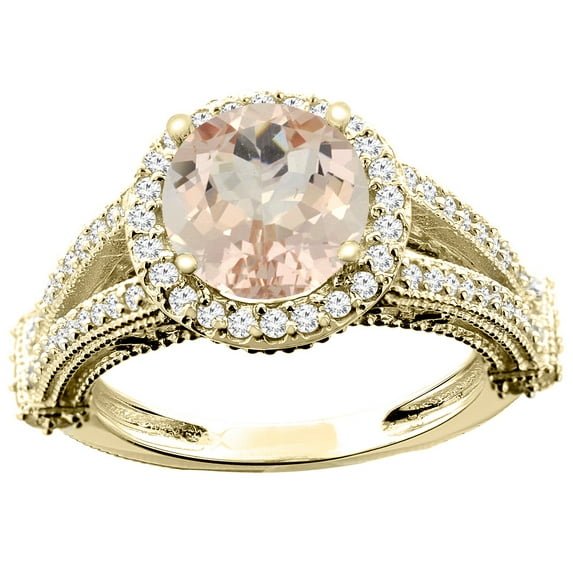 14K Yellow Gold Natural Morganite Ring Round 8mm Diamond Accent, size 5.5