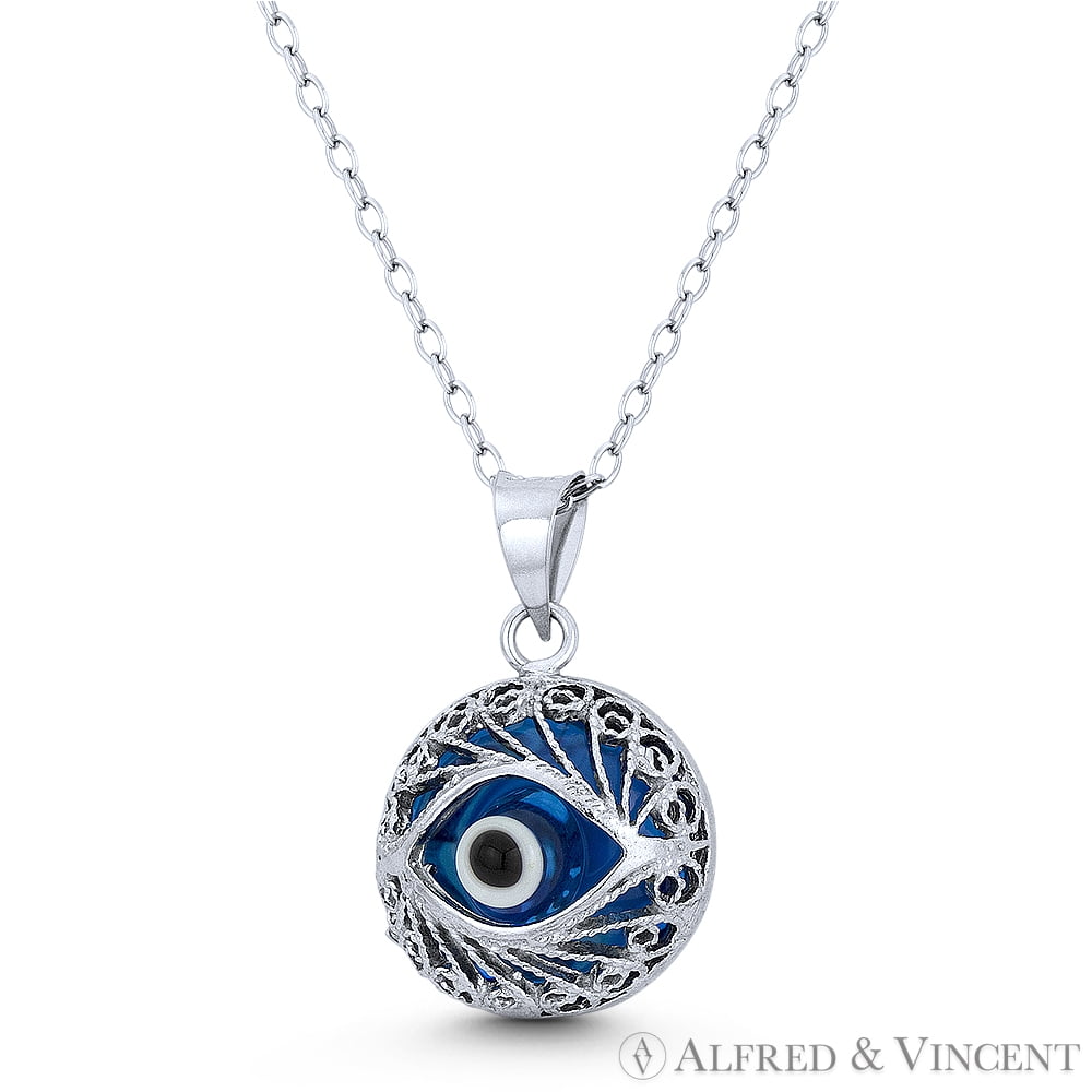 Sterling Silver 925 Blue Evil Eye Pendant Charm Necklace Glass Bead Silver Bar 