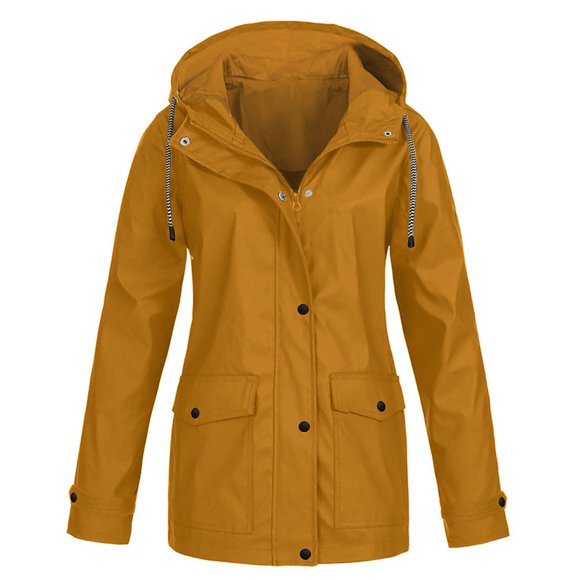 New Year Deals Women Solid Rain Jacket Outdoor Plus Waterproof Hooded Raincoat Windproof Jackets Solid Outwear
