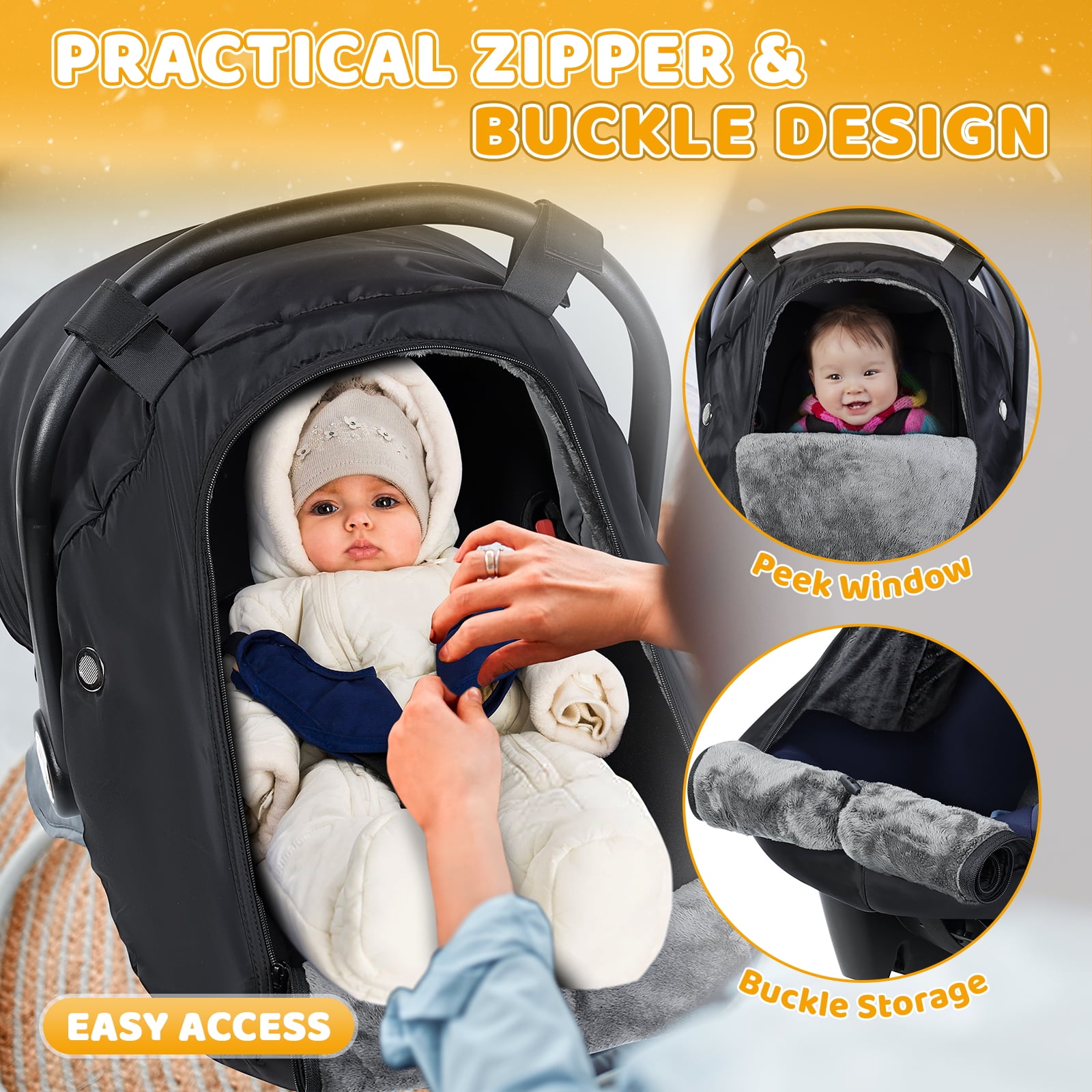 Orzbow Winter Baby Car Seat Cover with Front Zipper Door, Cold Weather Carseat Cover Canopy, Side Breathable, Rain, Snow and Wind Proof Car Seat Carrier Canopy Cover, Machine Washable, Black