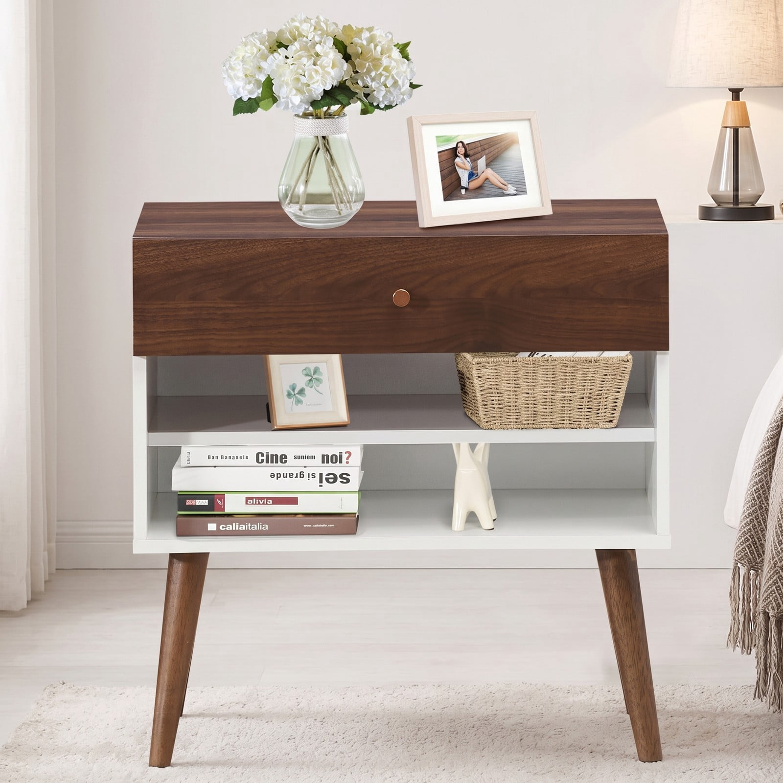 Furnibear Mid Century Nightstand with Drawer and Open Shelf and Rubber Wood Legs for Bedside Storage in the Bedroom, Walnut and White