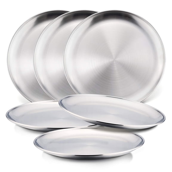 SeekLGT Stainless Steel Plates Brushed Metal Camping Plate Stackable Unbreakable Dinnerware Rustproof Round Serving Dish for Outdoor Camping Picnic BBQ Kids Dessert Snack Tray Dishware, 1 pc