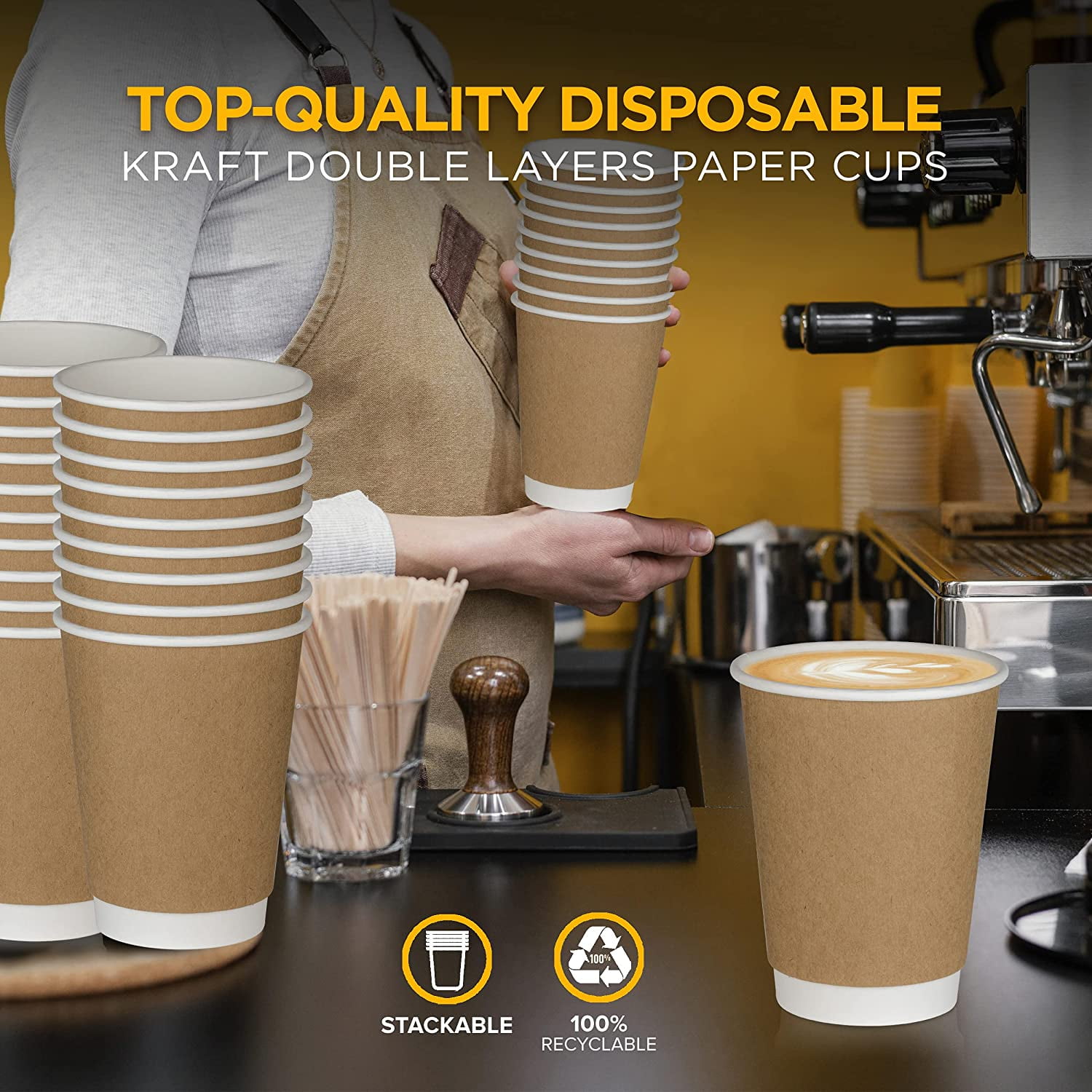 [200 Count] 8 oz Disposable Insulated Paper Coffee Cups with Lids - Double Wall Disposable Coffee Cups Sleeves Attached - Bio Degradable Eco Friendly