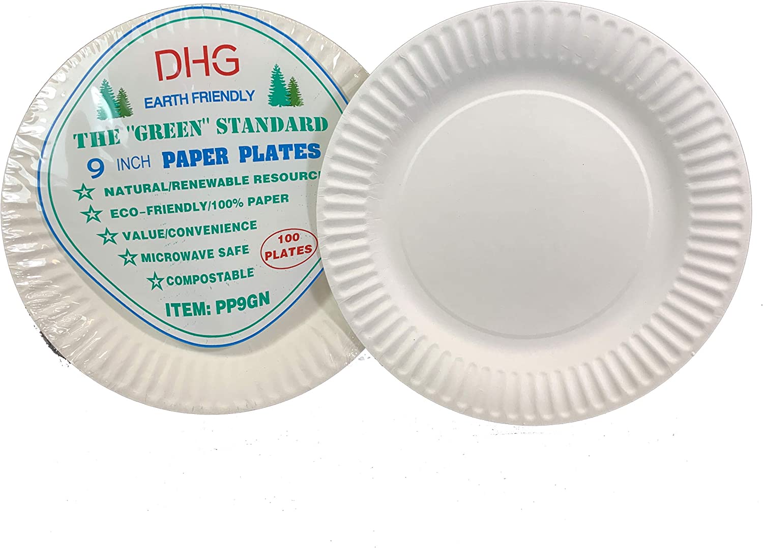 DHG PROFESSIONAL The Green Standard 9-Inch Paper Plates Uncoated, White  100 Plates 